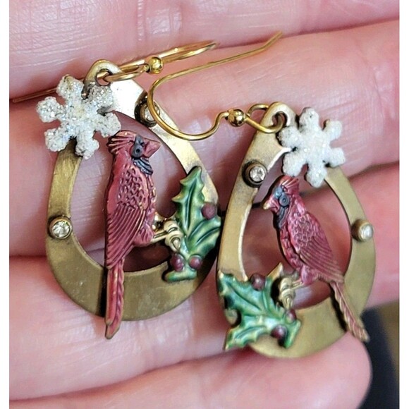 Red Cardinal Bird Christmas Winter Snowflake Holly Rhinestone Dangle Earrings - Picture 7 of 7